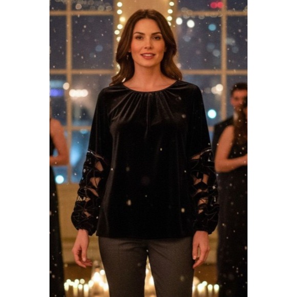 Joie Tops - Joie Velvet Blouse Women Black Cut-out Lattice Sleeve Round Neck XL